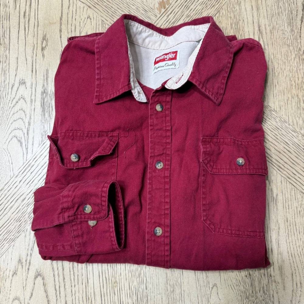 Wrangler Premium Quality Mens Large Red Cotton Long Sleeve Button Up Shirt